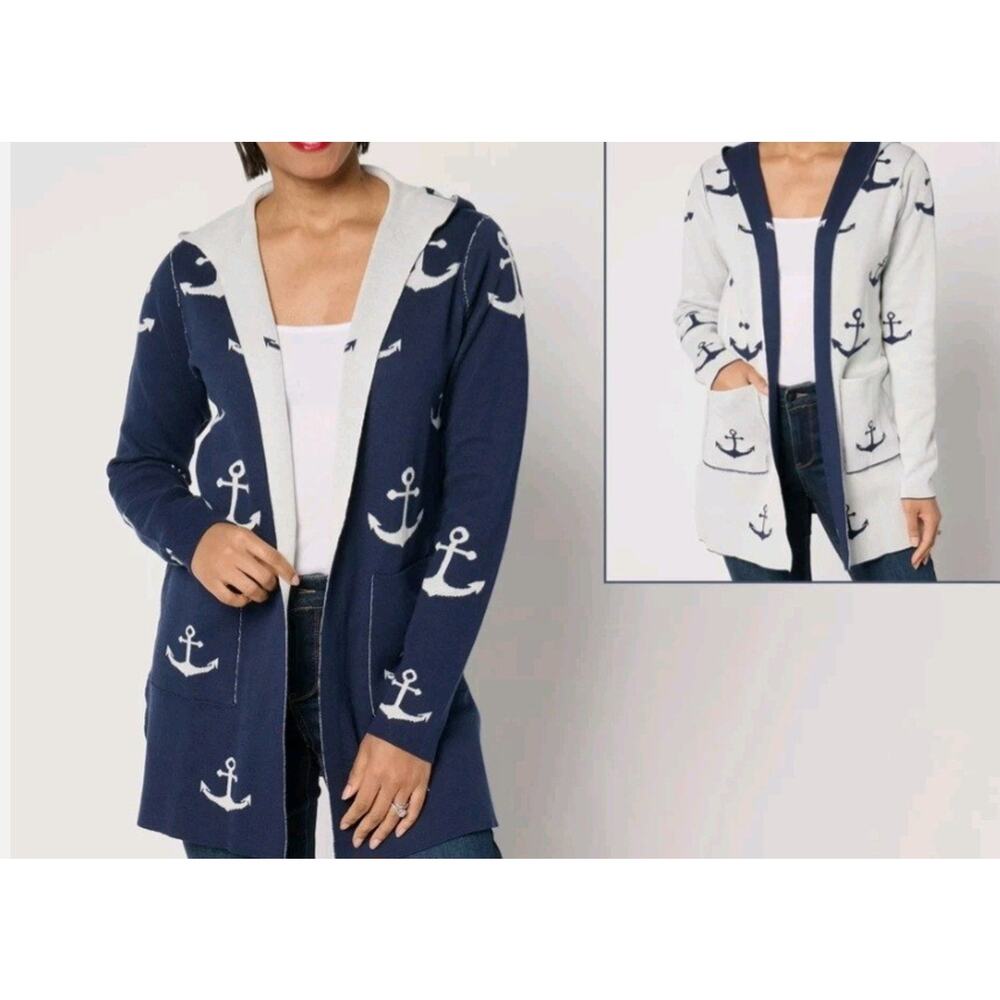 Belle Kim Gravel Size 2X Navy Yachtical Reversible Cardigan A676931 NWOT